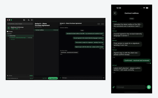 The Mac app and the client's iPhone opening the same encrypted matter
